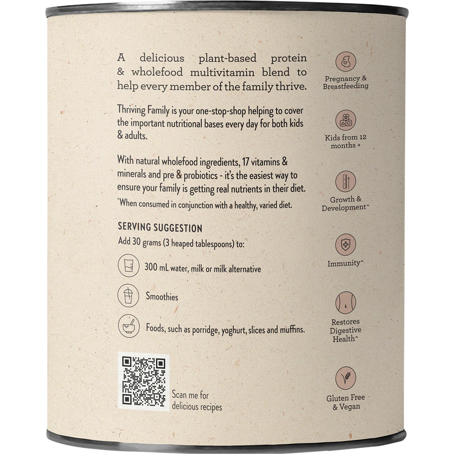 Nutra Organics Thriving Family Double Choc nutrition powder jar packaging