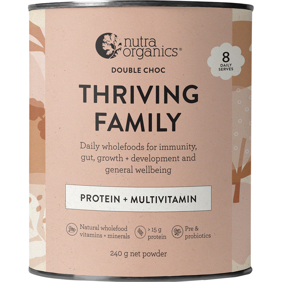 Nutra Organics Thriving Family Double Choc wholefood nutrition powder