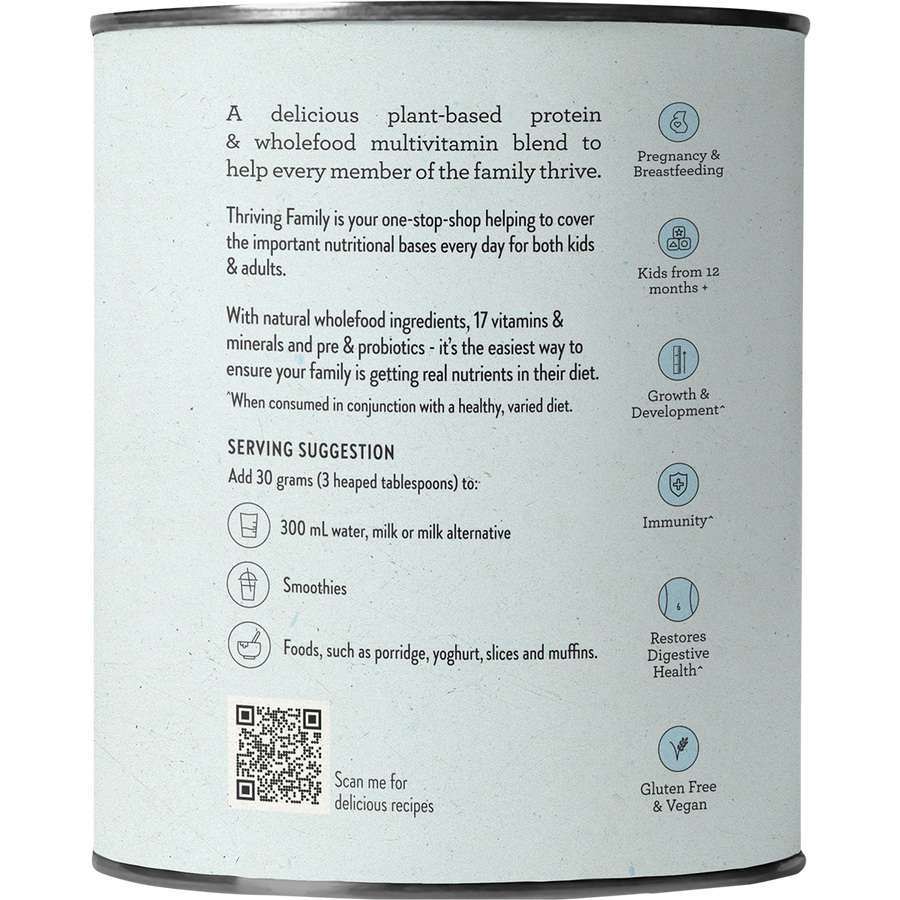 Nutra Organics Thriving Family Smooth Vanilla nutrition powder jar packaging
