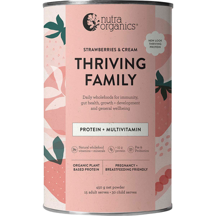 Nutra Organics Thriving Family Strawberries and Cream wholefood nutrition powder