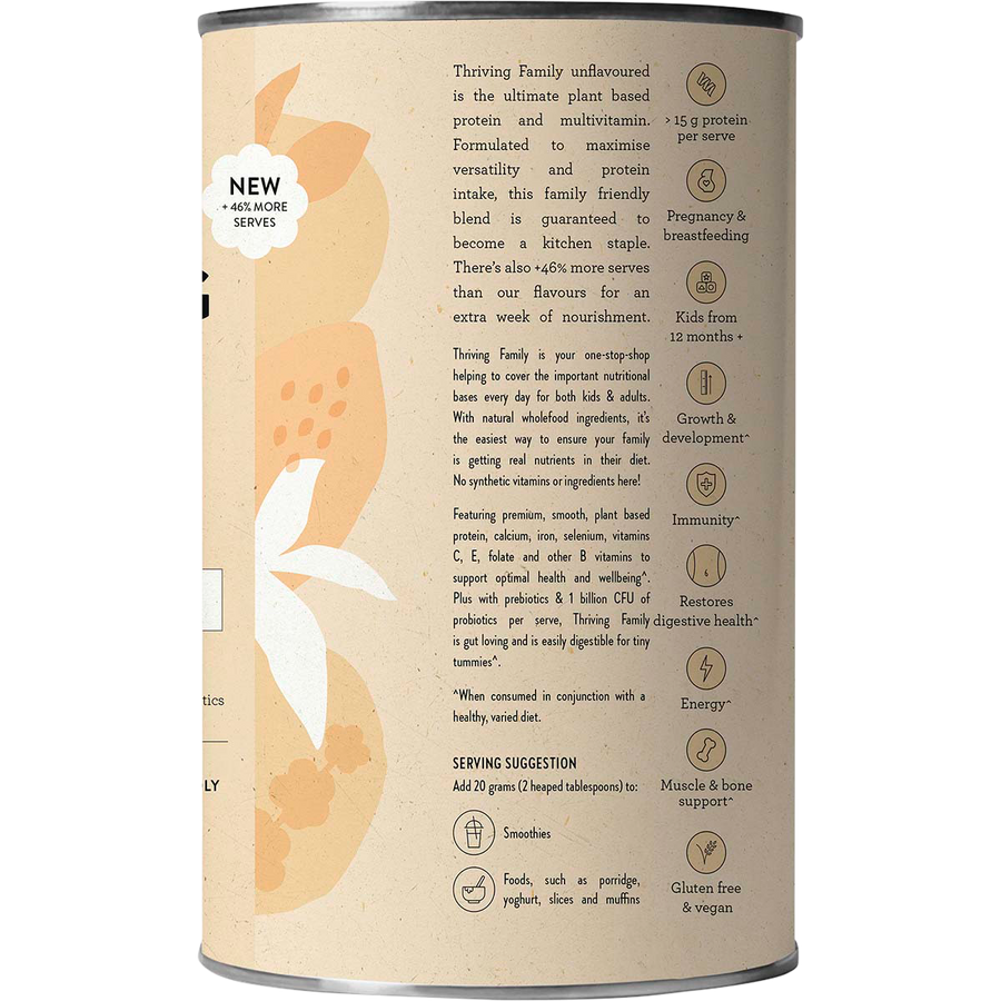Nutra Organics Thriving Family Unflavoured nutrition powder jar packaging