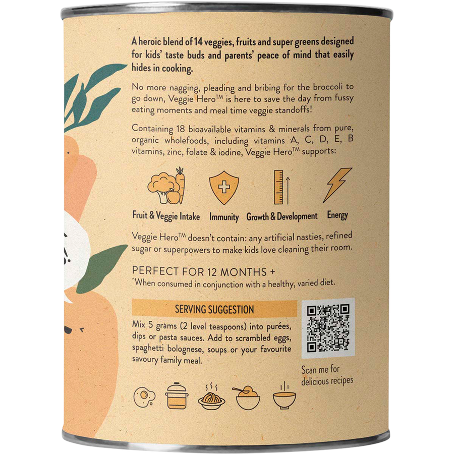 Nutra Organics Veggie Hero kids veggie powder jar packaging