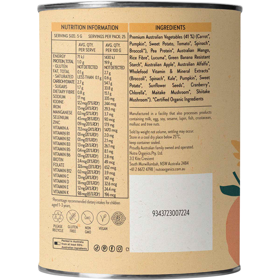 Nutra Organics Veggie Hero vegetable powder mixed in kids smoothie