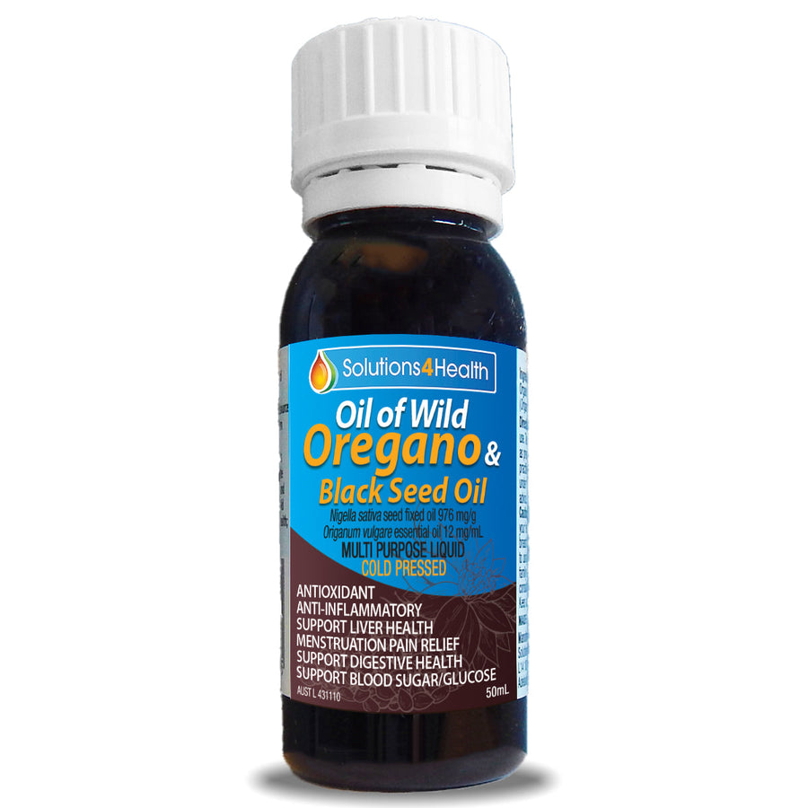 Bottle of Oil of Wild Oregano & Black Seed Oil with blue label on white background
