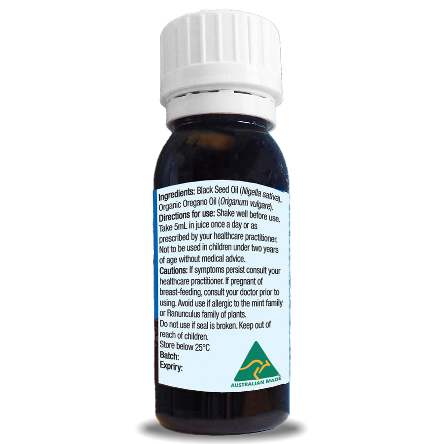 Bottle of Solutions 4 Health Oil of Wild Oregano & BlackSeed 50ml on a white background