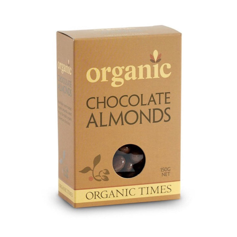 Organic milk chocolate almonds 150g pouch — front pack shot.