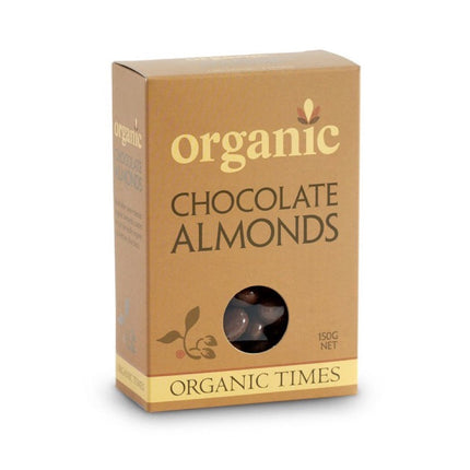 Organic milk chocolate almonds 150g pouch — front pack shot.