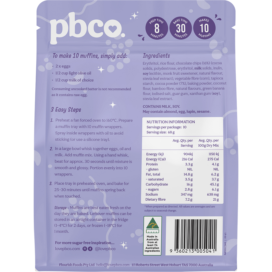 PBCo double choc chip muffin mix low carb sugar free muffin mix