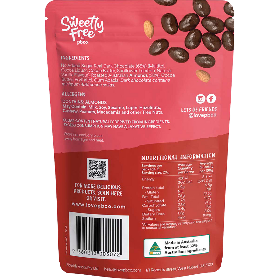 PBCo sweetly free almonds coated in dark chocolate no sugar added