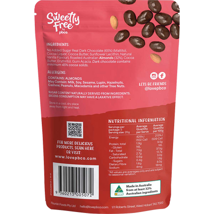 PBCo sweetly free almonds coated in dark chocolate no sugar added
