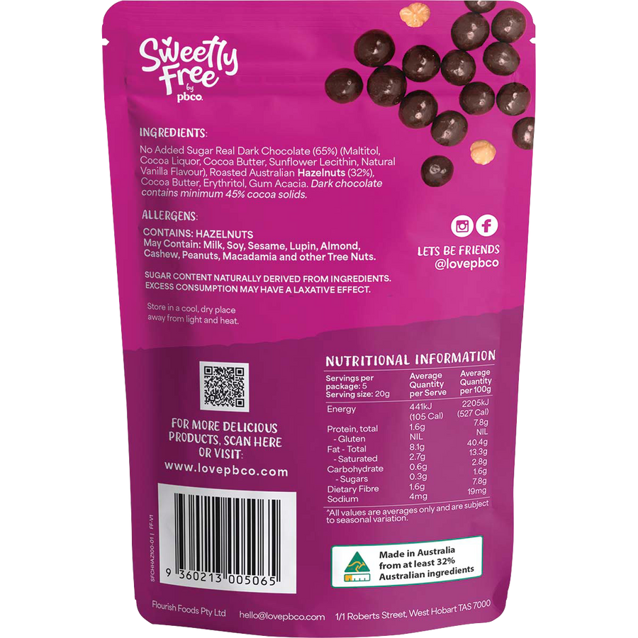 PBCo sweetly free hazelnuts coated in dark chocolate no sugar added