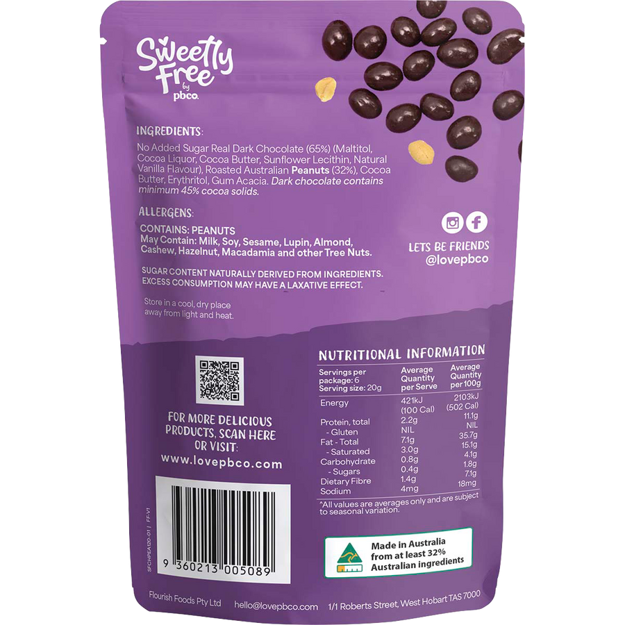 PBCo sweetly free peanuts coated in dark chocolate no sugar added