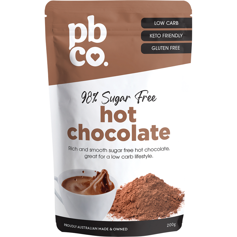 PBCo hot chocolate 98 percent sugar free keto friendly drink mix