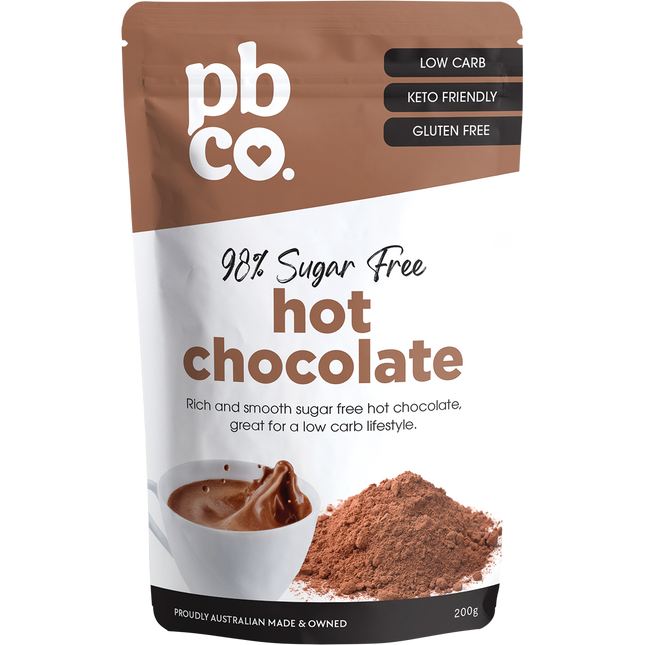 PBCo hot chocolate 98 percent sugar free keto friendly drink mix
