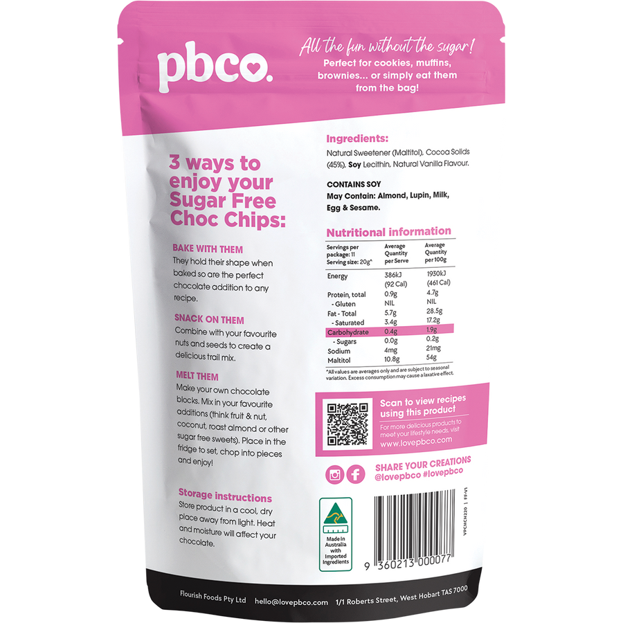 PBCo chocolate chips 98 sugar free low carb baking chocolate chips