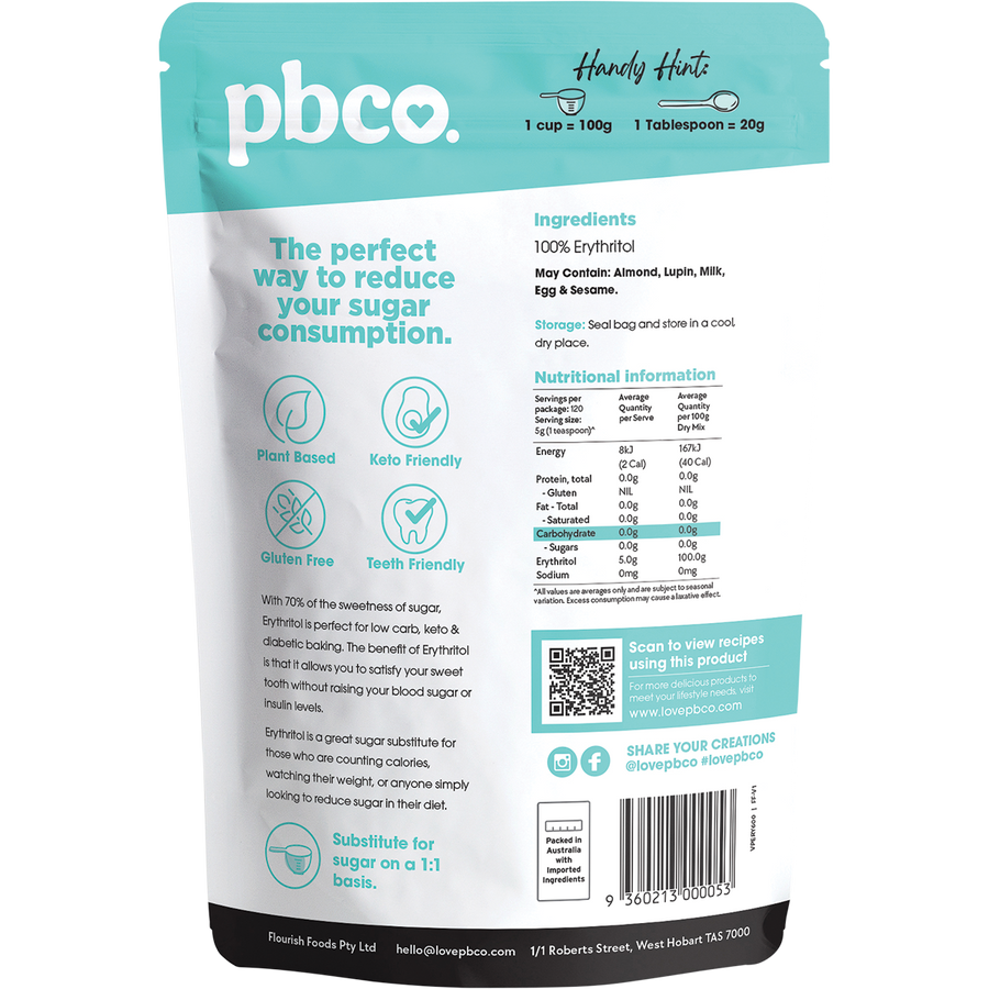 PBCo natural erythritol sweetener low carb sugar substitute for baking