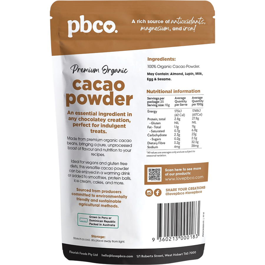 PBCo organic cacao powder for smoothies baking and desserts