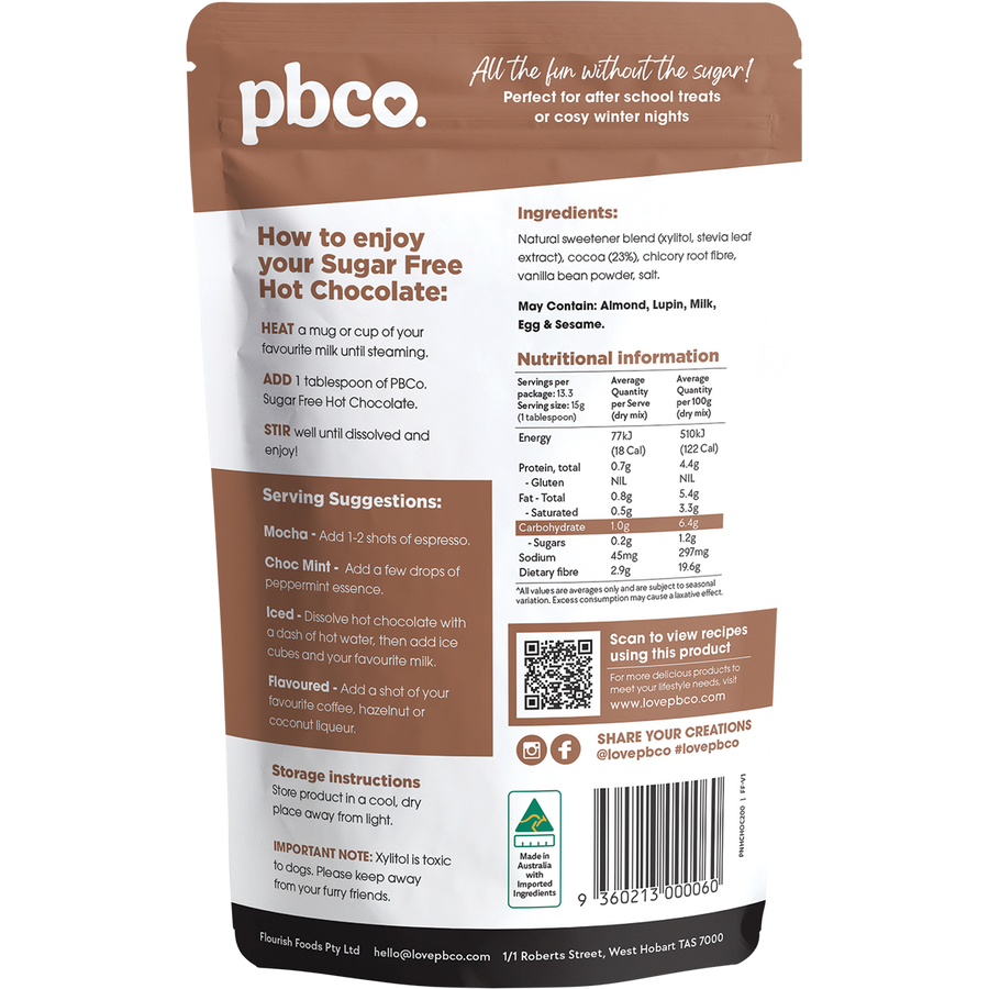 PBCo hot chocolate 98 sugar free low carb chocolate drink
