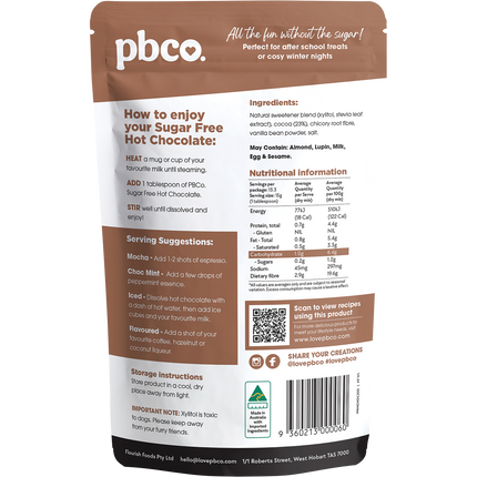 PBCo hot chocolate 98 sugar free low carb chocolate drink