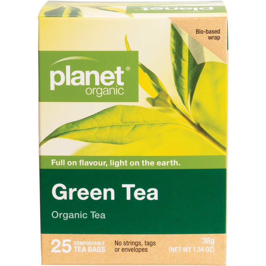 Planet Organic green tea herbal tea bags in a box