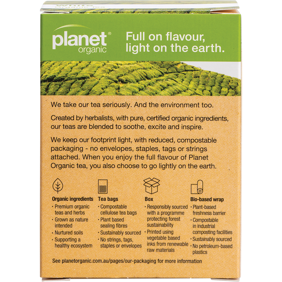 White tea bags from Planet Organic, eco-friendly pack