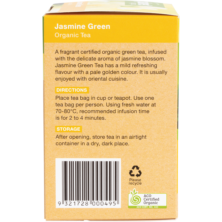 Jasmine green tea bags with organic ingredients displayed