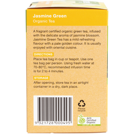 Jasmine green tea bags with organic ingredients displayed