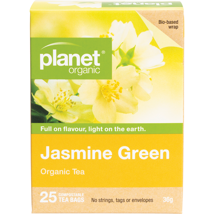 Planet Organic Jasmine Green Herbal Tea Bags in eco-friendly packaging