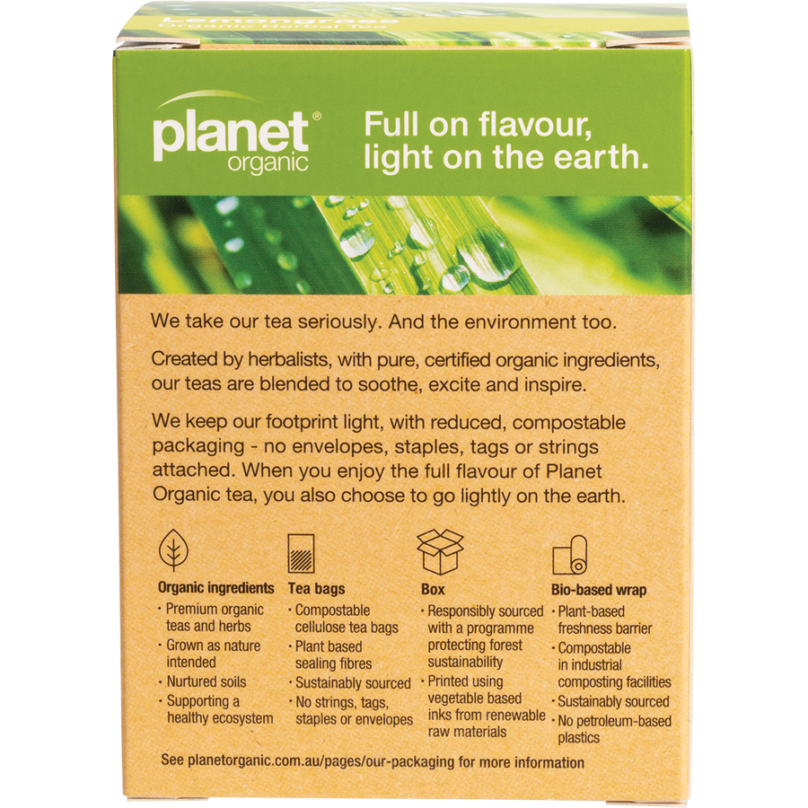 Refreshing lemongrass herbal tea bags by Planet Organic