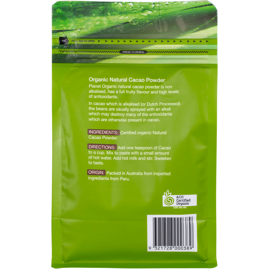 Organic Cacao Powder by Planet Organic in a bag