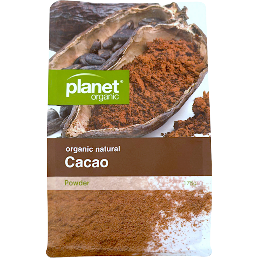 Organic Cacao Powder by Planet Organic in a brown package
