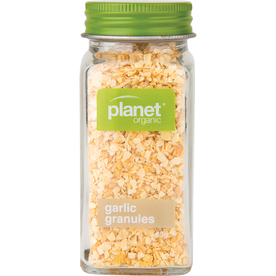 Organic garlic granules in a clear container