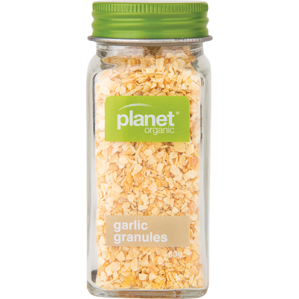 Organic garlic granules in a clear container