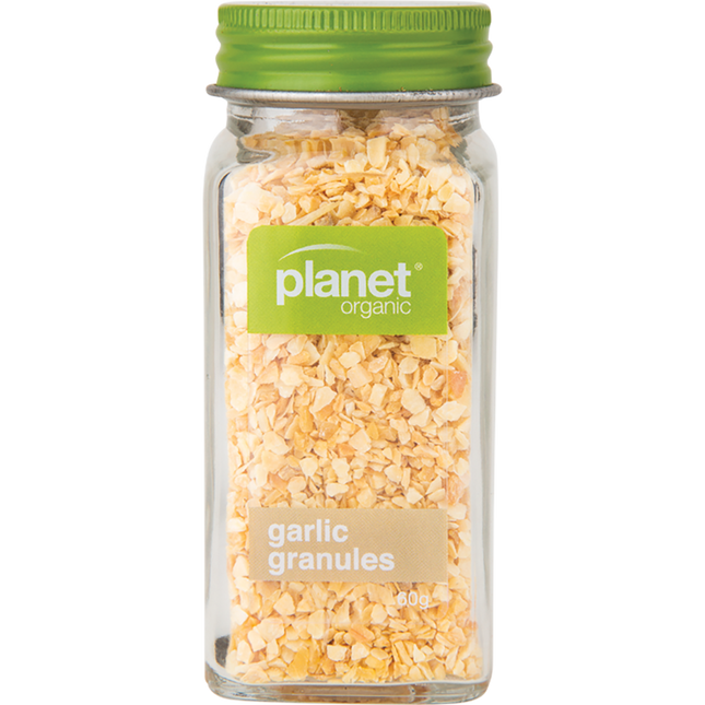 Organic garlic granules in a clear container