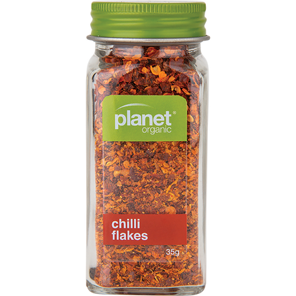 Planet Organic Chilli Flakes in a clear jar