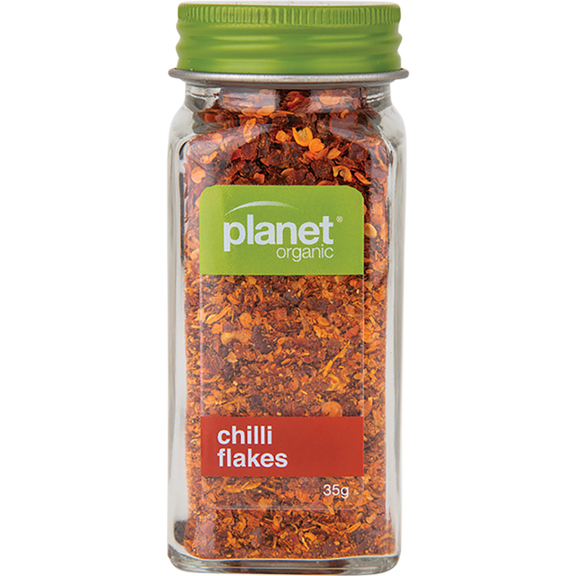 Planet Organic Chilli Flakes in a clear jar