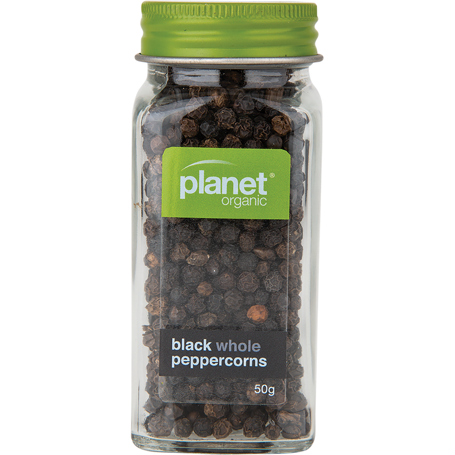 Organic black whole peppercorns in a clear package