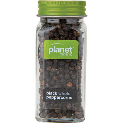 Organic black whole peppercorns in a clear package