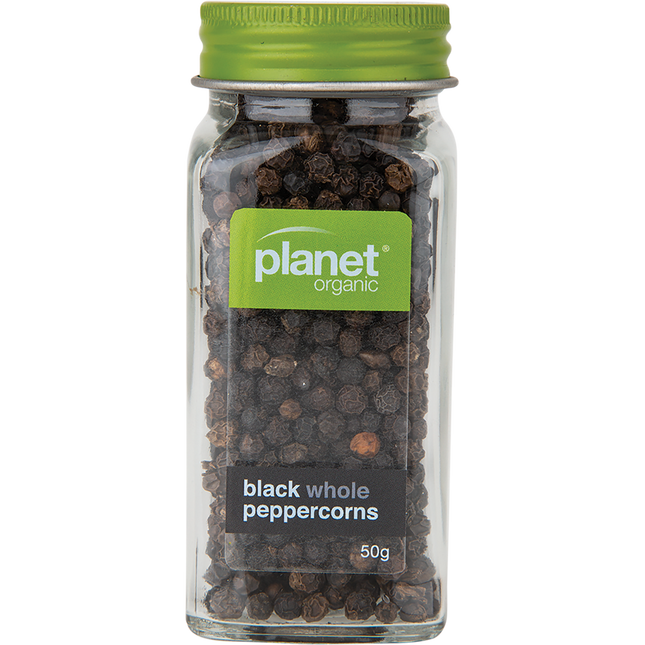 Organic black whole peppercorns in a clear package
