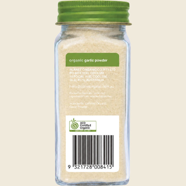 Back of Planet Organic Garlic Powder jar showing ingredients and certification