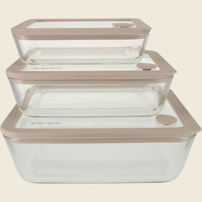 Ever Eco Glass Food Containers, 700ml, 1400ml and 2600ml nesting sizes with lids