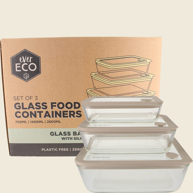 Ever Eco Glass Food Containers set of 3, oatmeal silicone lids, shown with packaging