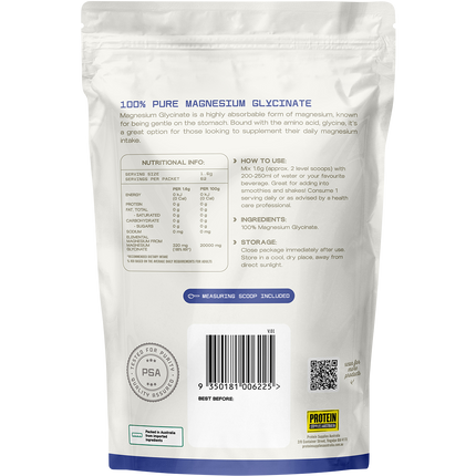 Protein Supplies Australia Magnesium Glycinate Powder 100g pouch back label
