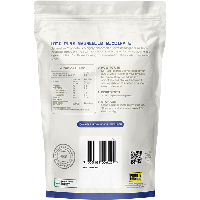 Protein Supplies Australia Magnesium Glycinate Powder 100g pouch back label