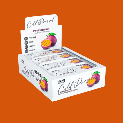Box of 12 Fibre Boost Passionfruit flavoured cold pressed protein bars, high fibre and 20g+ protein