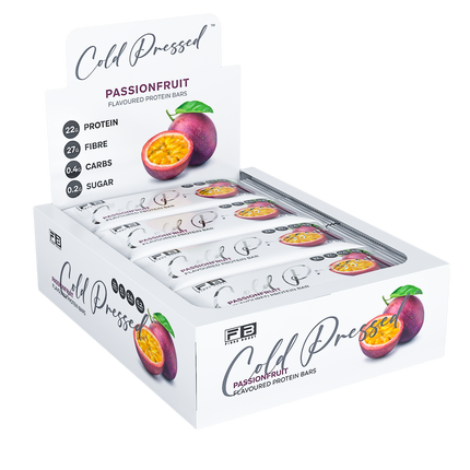 Box of Fibre Boost Passionfruit flavoured cold pressed protein bar, high fibre and 20g+ protein