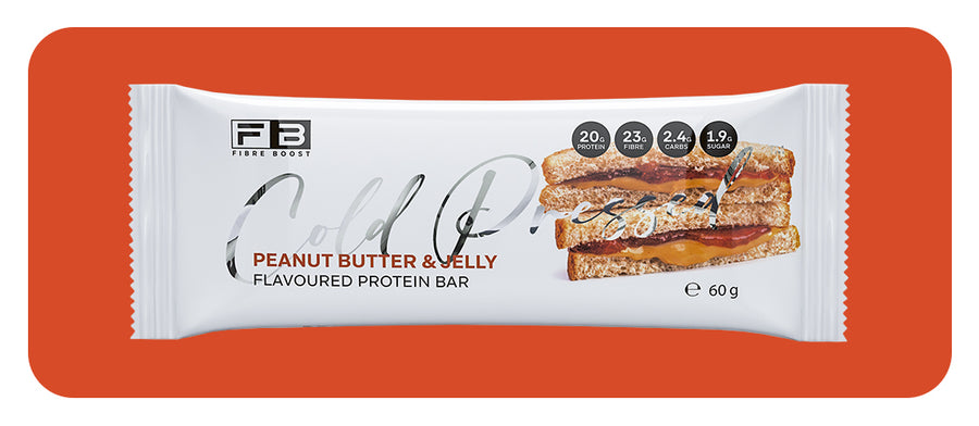 Protein bar packaging with 'Fibre Boost' branding on an orange background