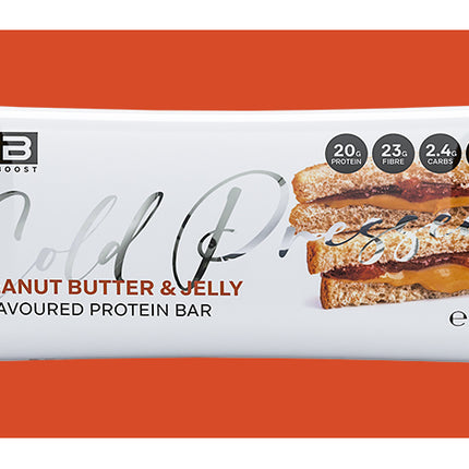Protein bar packaging with 'Fibre Boost' branding on an orange background