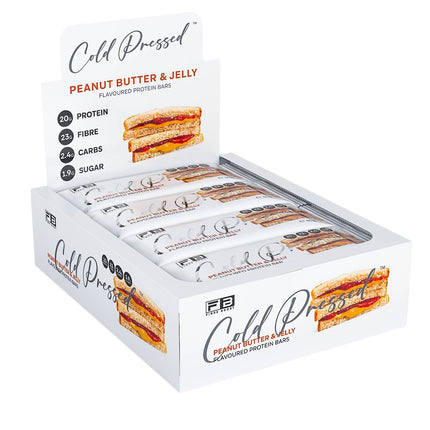 Box of Cold Pressed peanut butter and jelly bars on a white background