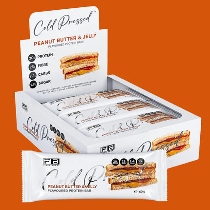 Box of Cold Pressed peanut butter and jelly protein bars on a white background